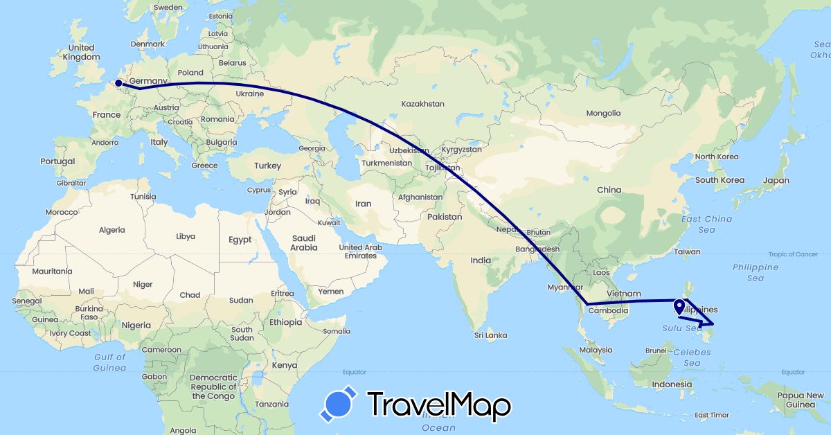 TravelMap itinerary: driving in Belgium, Germany, Philippines, Thailand (Asia, Europe)